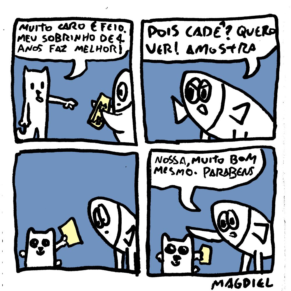 Tira de quatro quadros do personagem pexe com peronas e o gato chato