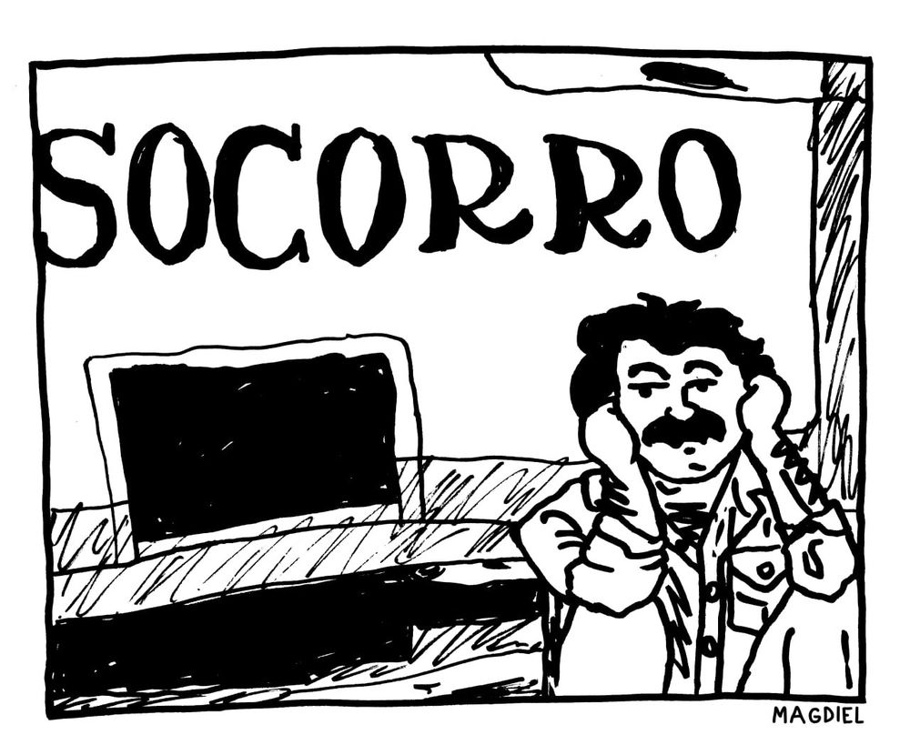 Desenho tronxo preto e branco daquela foto do Belchior na frente de um trem escrito "socorro"