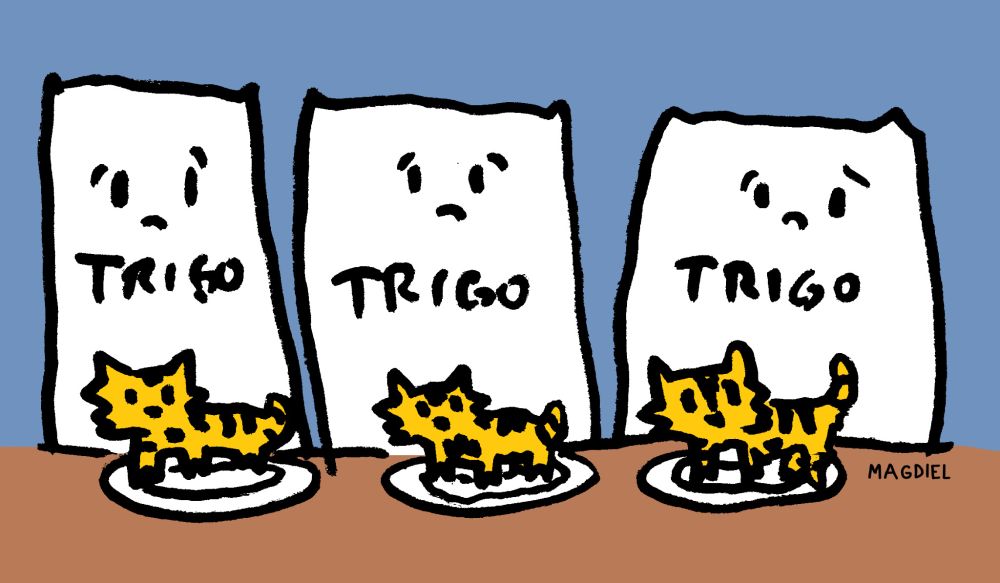 Desenho de 3 pacotes de trigo, diante de 3 pratos, cada um com um tigre
