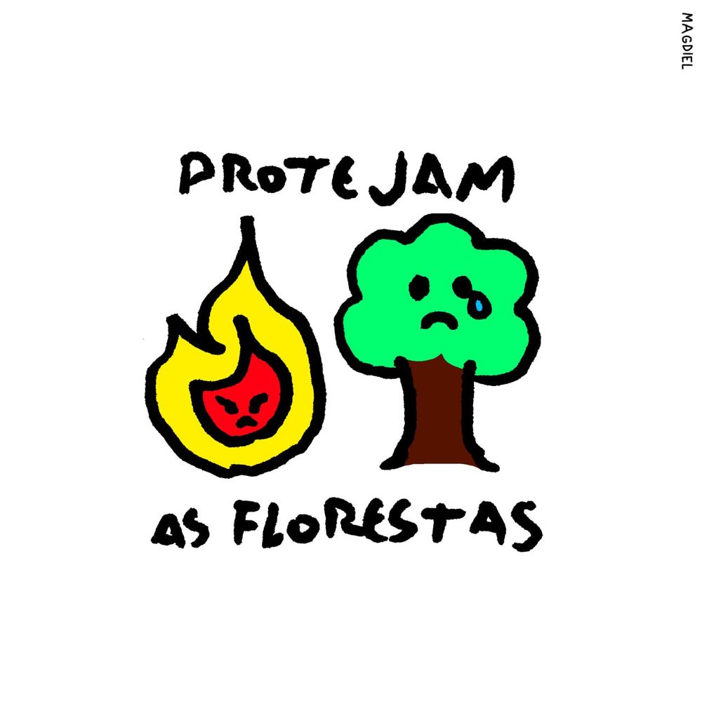 Desenho simples com uma chama e uma arvore chorando. Escrito: Protejam as florestas