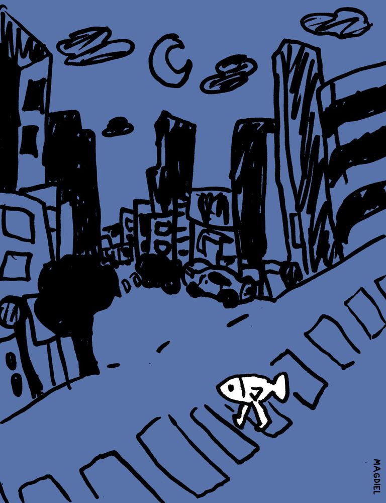 Desenho tronxo de uma travessa, todo azul, com o pexe com pernas atravessando uma faixa de pedestres