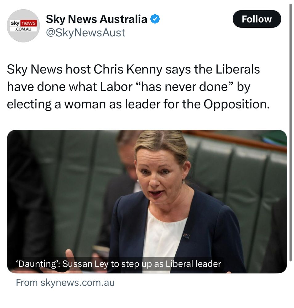 Sky News host Chris Kenny says the Liberals have done what Labor "has never done" by electing a woman as leader for the Opposition.