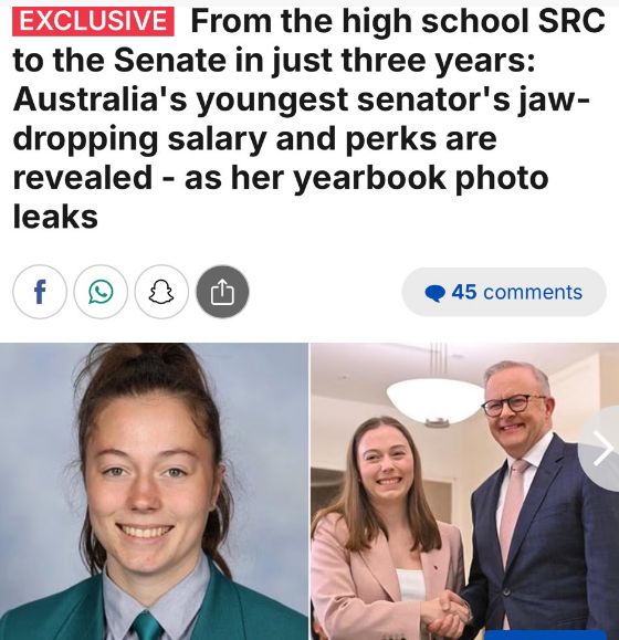 From the high school SRC to the Senate in just 3 years: Australia's youngest senator's jaw-dropping salary and perks are revealed - as her yearbook photo leaks
