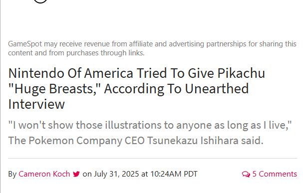 Nintendo of America tried to give Pikachu "Huge Breasts" according to unearthed interview