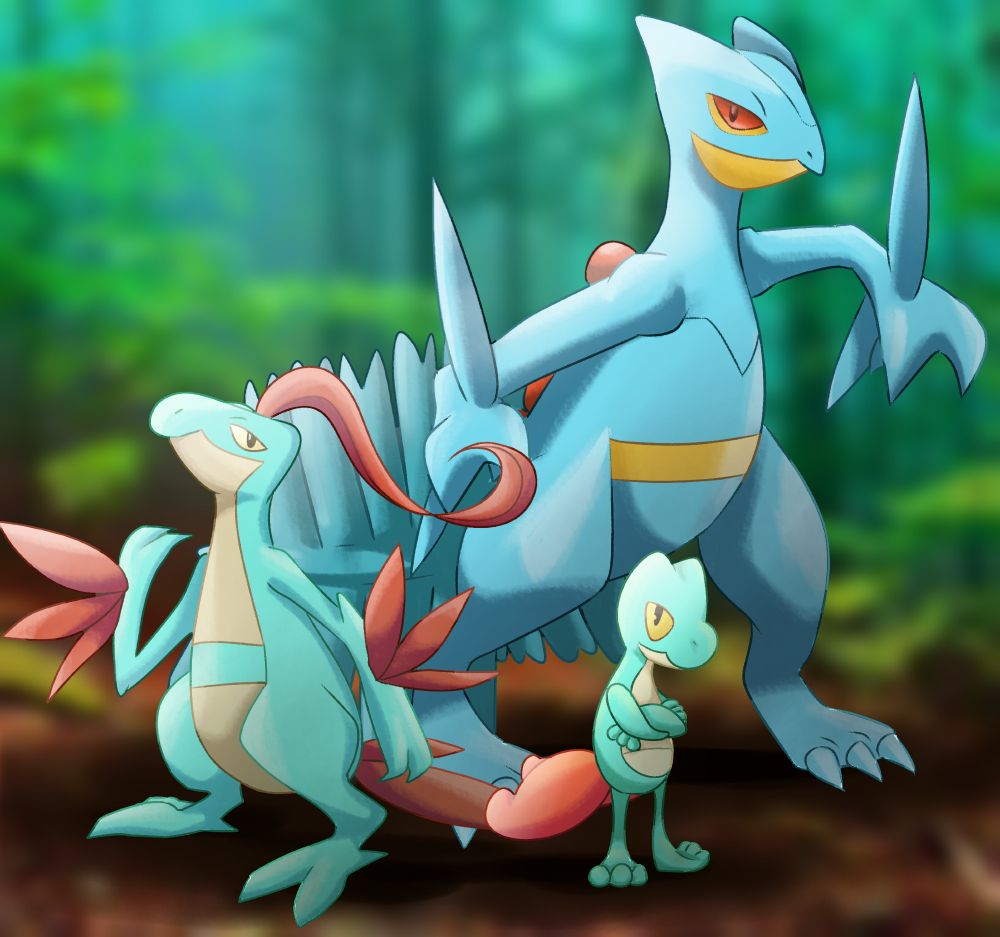 Digital artwork of Treecko, Grovyle, and Sceptile in shiny form standing close together with a blurred forest background.