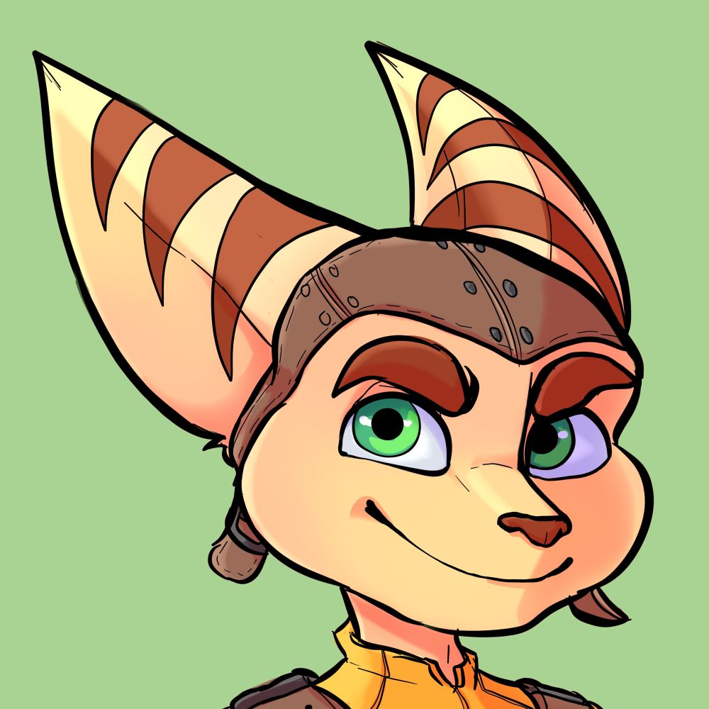 Digital art headshot of Ratchet (ratchet & clank) with a plain green background