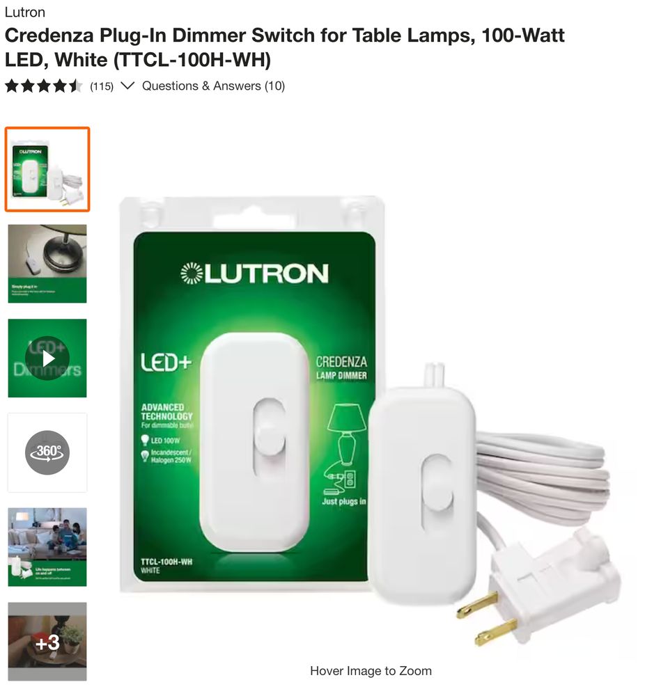 Credenza Plug-In Dimmer Switch for Table Lamps, 100-Watt LED, White  (TTCL-100H-WH)