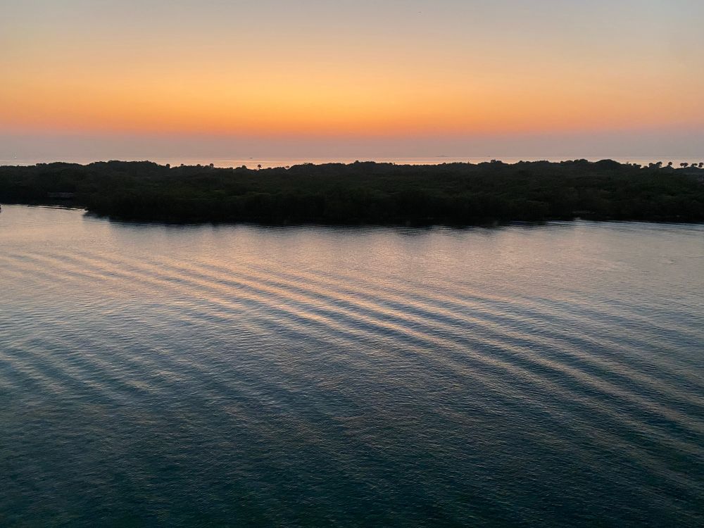 Sunrise over the Fort Lauderdale cruise port. There is not much wind so the water has only small rippling waves and a glossy surface. The sky goes from dark orange at the horizon, just above a distant bank of fog, to gold then pale yellow, then fades into the gray dawn sky. 