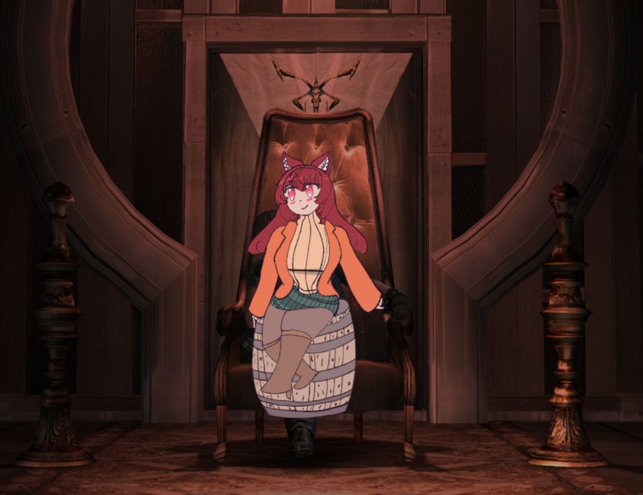 Soryuhime dressed as Ashley (RE4 Remake) sitting on the throne from RE4 original