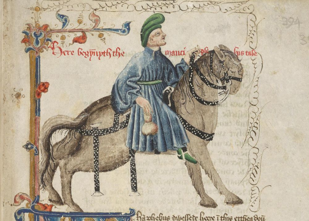 Well, simply put, it's a man on a horse. The man's in a fetcing blue coat and rather phallic green hat, holding a purse in one hand. The horse is grey. And long... and its back legs are much shorter than its front, given its back a distinct tilt. Or maybe it's stretching, except I don't think horses stretch like that, it's a dog or cat thing. Also its head is rather small. It's lovely, though, just wonky.