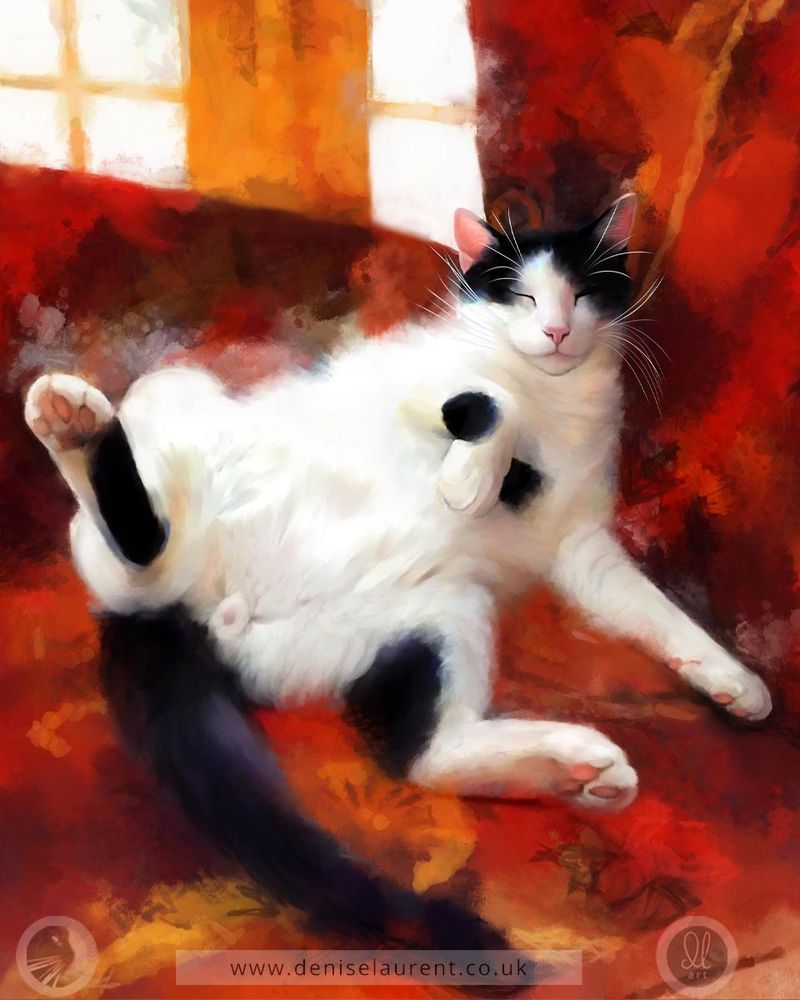 Black and white car relaxing on red cushions- fine art print from thepaintedcat 