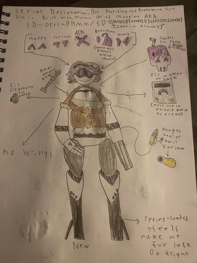 On a paper is my new design for my self insert, more lovingly revamped to my liking with a bit more knowledge on designs of the drones. Going from top to bottom, we have the naming first, Serial Designation: Oil Providing and Replenishing Care Unit with Basic Human Mind Mapping AKA SD-OPRCUBHMM/SD-01000011010000010101001001000101, with the binary being noted to translate to care. Then the design goes into depth, firstly the expressions that can appear on the characters screen/visor part of the face with their eyes with two “^” symbols being shown as the eyes for happy, a serious expression that adds in eyebrows as apart of the eyes themselves to accentuate the look, An X for the attack mode, a look for the refueling mode, which only one of the eyes is noted to change into the refueling symbol, allowing the other eye to have expressions still while doing the action, and of course angry eyes. It shows on the right that there is a difference in the design of her symbol, a broken barrel with a straw on it labeled oil being worn like a hat on a happy skull face, in the middle is noting the oil maker on her back, and the next is noting that her nanite acid tail is ranged. Finally the bottom note on the right is noting that her feet are springloaded heels. The left details the arm under the outfit, then shows the nozzle-like design for her “nipples” for refueling purposes, then finally noting she has no wings, most likely due to the oil maker pack on her back. The design on the page shows her hair is similar to uzi’s but instead is only purple at the tips, the rest grey, her extra eyes also purple. her eyes purple, continuing down we see the coat covering her body, her dd arms are a bit different, having the warning tape purple and near the end but not at the end. Her thighs are a soft latex sort of thing, then when the thighs end, they shift to a metallic heeled feet/leg design, a warning tape around the connection point