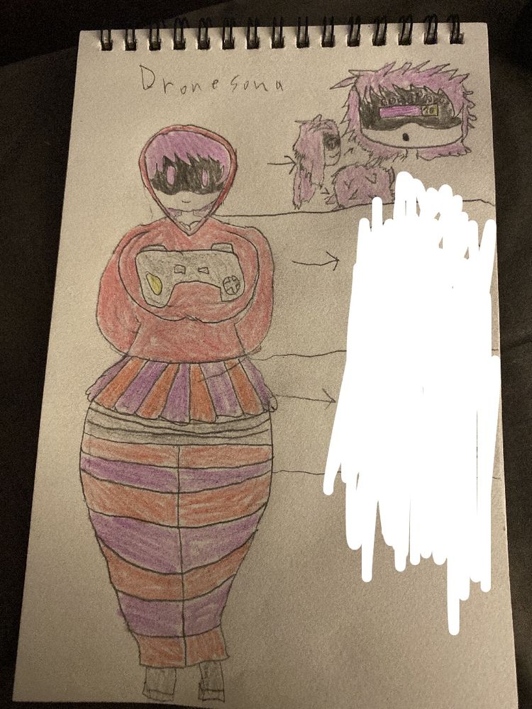A piece of paper with my murder drones sona on it, showing her in her typical full outfit, a long with a closer look at her purple hair, a lighter shade of purple then uzi and longer and some expressions. 