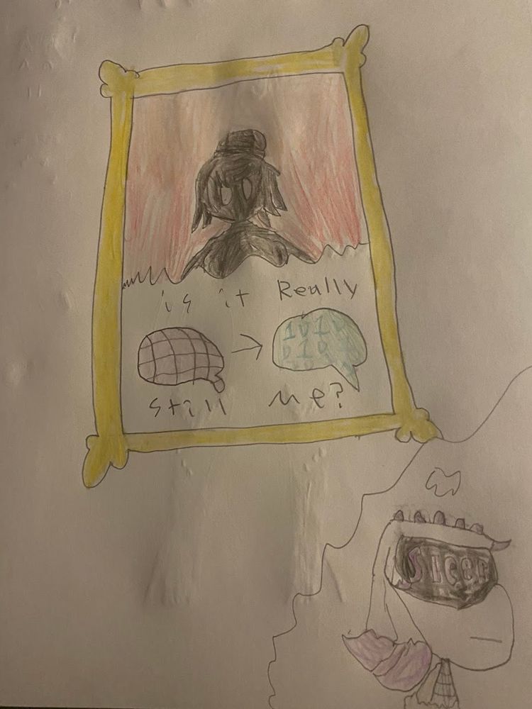 On a paper, we see drawn that my new self insert of Oprcubhmm in sleep mode, dreaming of a mirror, the reflection showing a shadowy humanoid figure looking back, similar to how humans look in memories, the mirror cracked in half, the bottom half showing a brain then a areow pointing to a outline resembling both a text box and a brain, filled with code, with the words around it “is it really still me?”