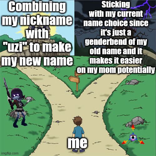 A meme using the template of the shining castle and the dark castle with the split road, the one of shining is captioned with “combining my nickname with uzi to make my new name” and the shadowy castle is captioned “sticking with my current name choice since it is just a genderbend of my old name and it makes it easier on my mom potentially” with the character who hasn’t chosen a path yet captioned “me”.
There is also a uzi doorman png and a absolute solver symbol with the progressive flag colors on it.