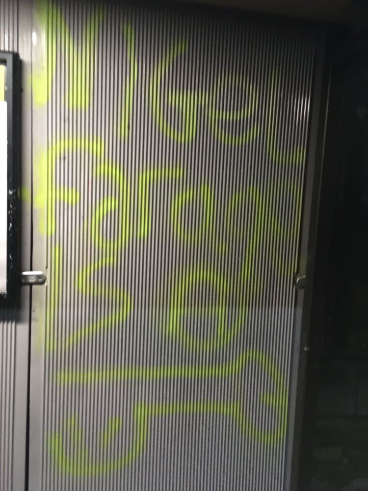 You go across the road to investigate, and someone has sprayed the words, ‘Nigel Farage is a’ followed by a crude depiction of a cock and balls, all in neon yellow paint. You love to see it.