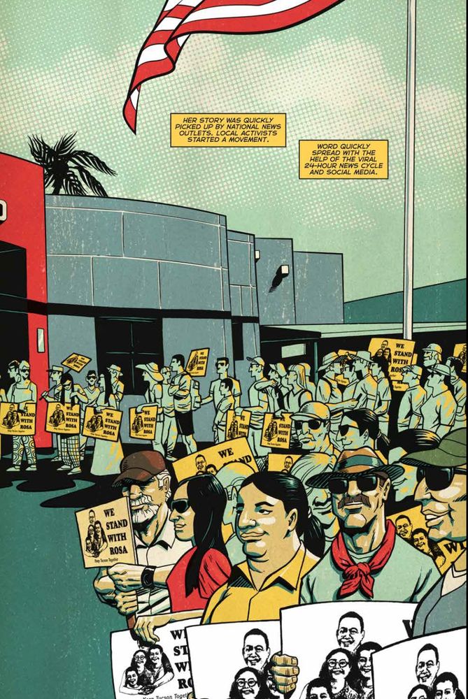 comic book art. protest at a high school. 