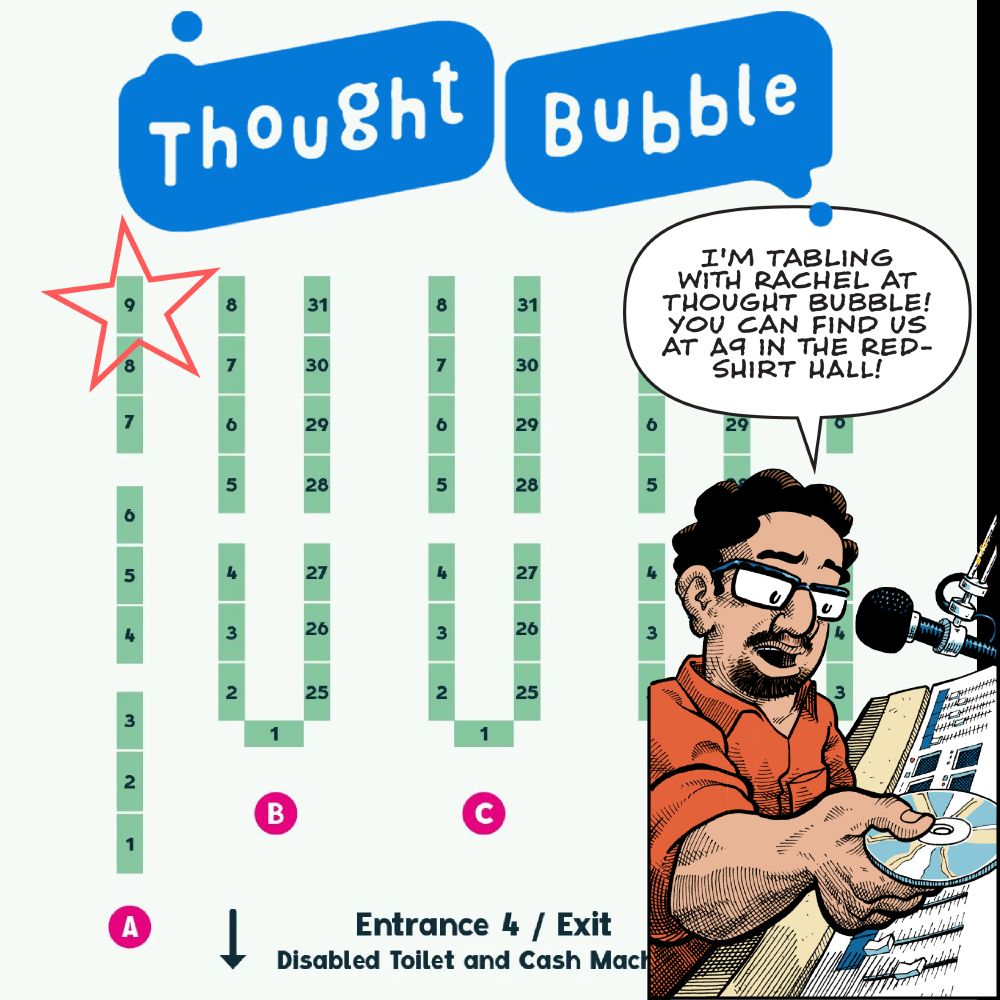 map with a star over A9 and comic book art of henry barajas saying he will be tabling with rachel merrill in the red shirt hall