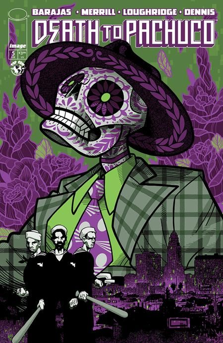 death to pachuco #5 cover art by j. gonzo. purple and green color scheme. calevara zoot suit pachuco with la city scape and sailors with bats