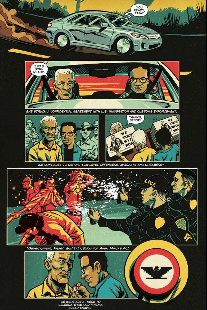 comic book art. man taking elderly man to a protest. police pepper-spraying protesters. UFW button.