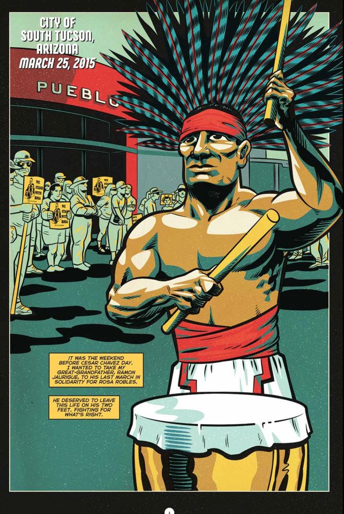 comic book art. native american in headdress banging drum at high school. protest in the background. 