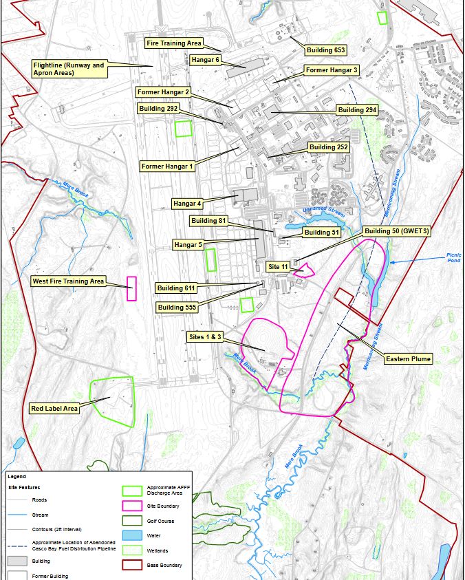Map of the former Brunswick Naval Air Station (BNAS), including sites where AFFF firefighting foam was dumped. Known dumping sites include the "Red Label Area" located off the southwest corner of the airport runway (map at bottom left).