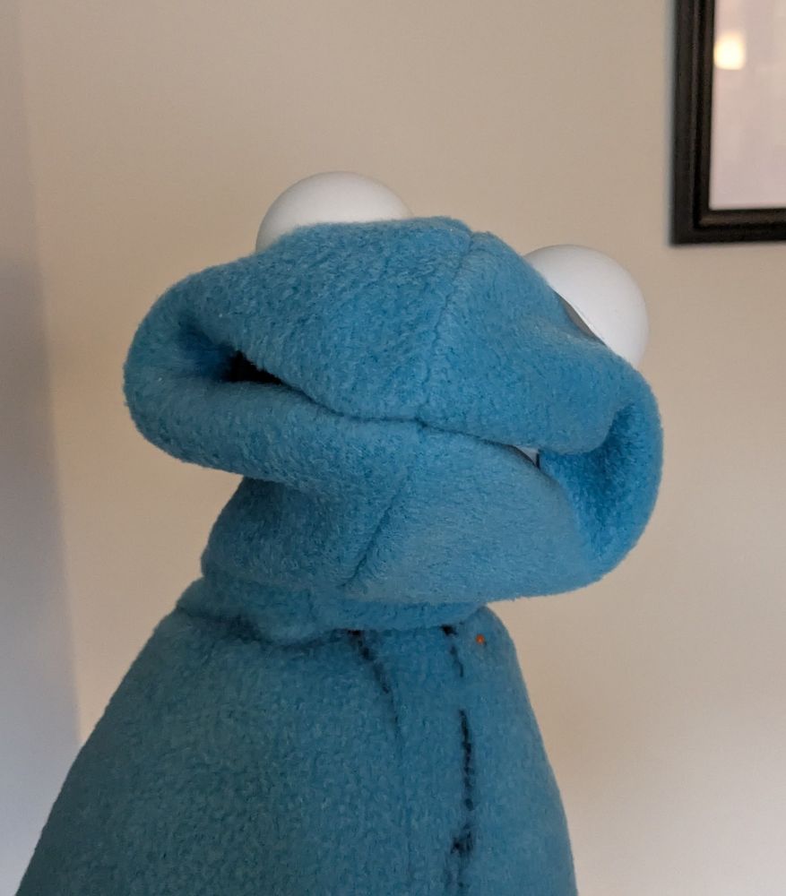 A rough draft Kermit made of blue fleece and with blank eyes. My hand is inside, trying to make him do the classic 'scrunch' face.