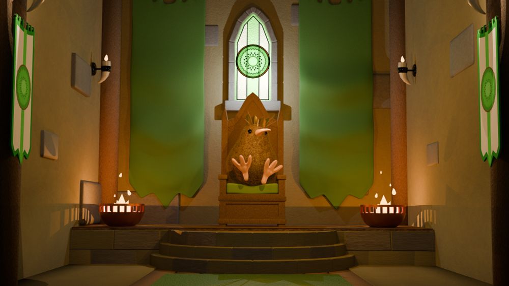 King Kiwi, a regal little potato, sitting on his wooden throne. Above him is a stained-glass window, which bears his kiwi fruit emblem. 