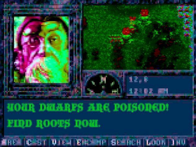 screengrab from an unknown old DOS game. "YOUR DWARFS ARE POISONED! FIND ROOTS NOW." It's 12:02 am.