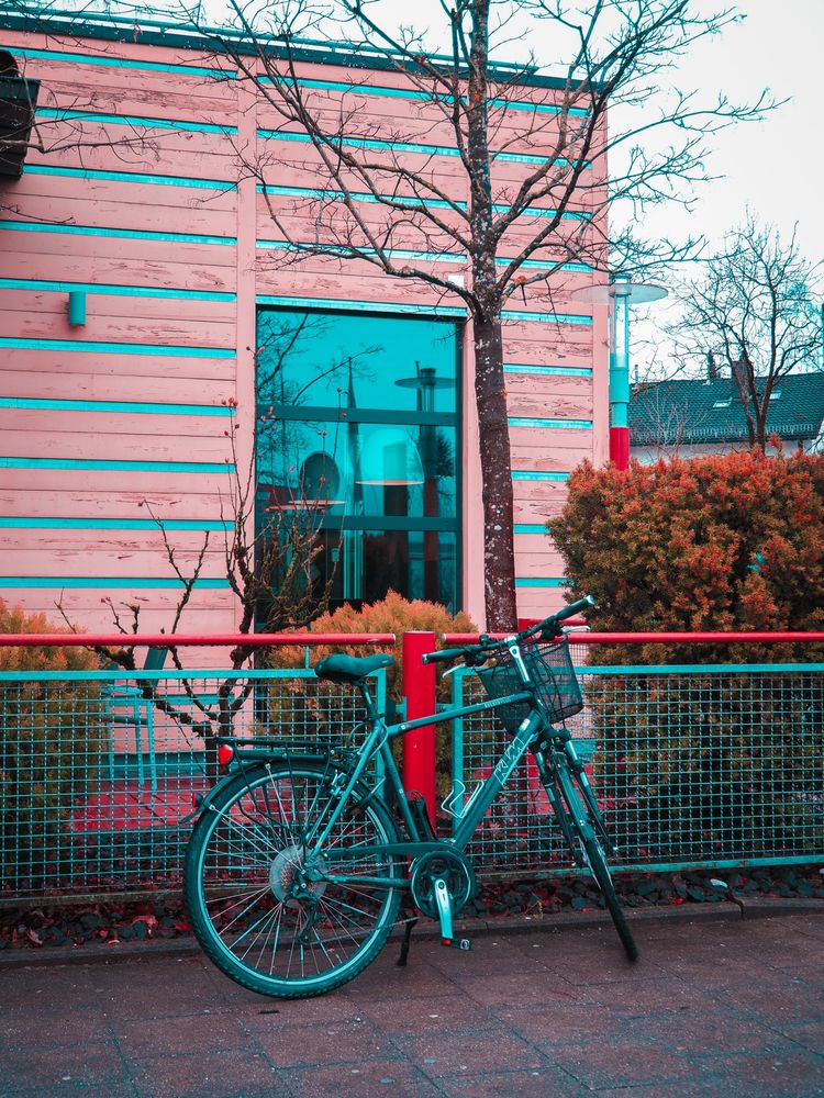 bicycle standing against fence with the pink building behind it