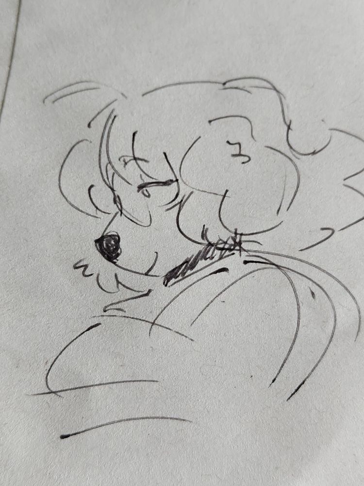 Picture of a doodle of my fursona, a femme dog girl looking thoughtfully at nothing in particular. Rough doodle sketch.

