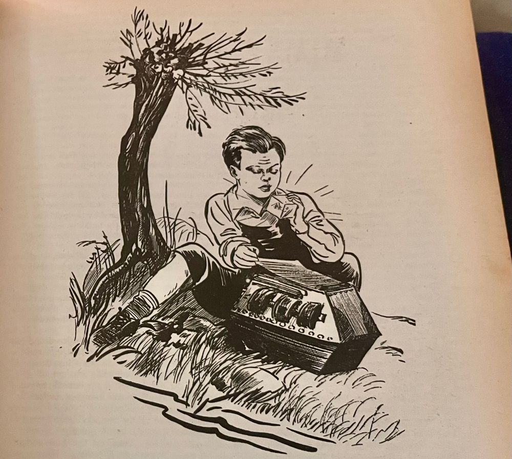 A drawing of a creepy looking kid sitting on the ground under a tree opening what looks like a metal machine contraption of some sort.