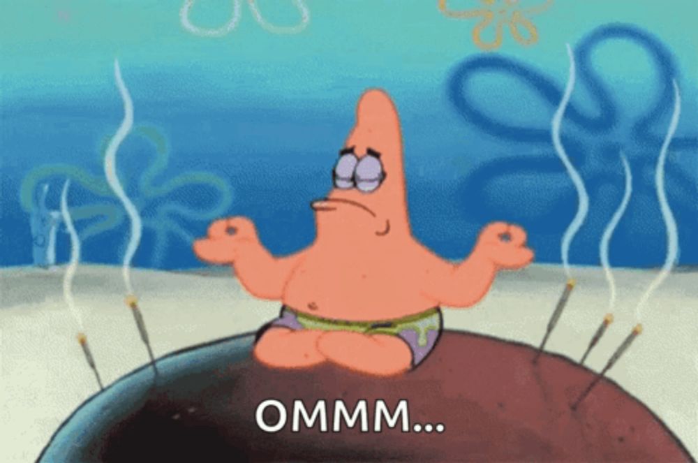 patrick star from spongebob sits on a rock with smoke coming out of his hands and says ommm