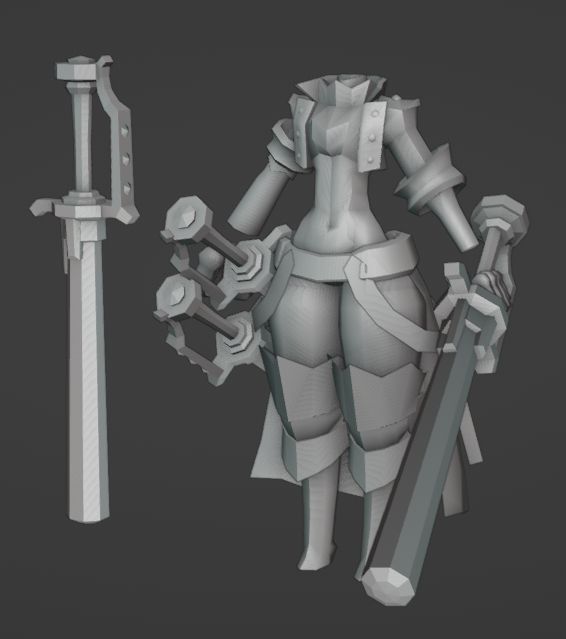 Vale's incomplete model holding her bat weapon, with copies of it sheathed at her hip alongside one to the side for a clearer view