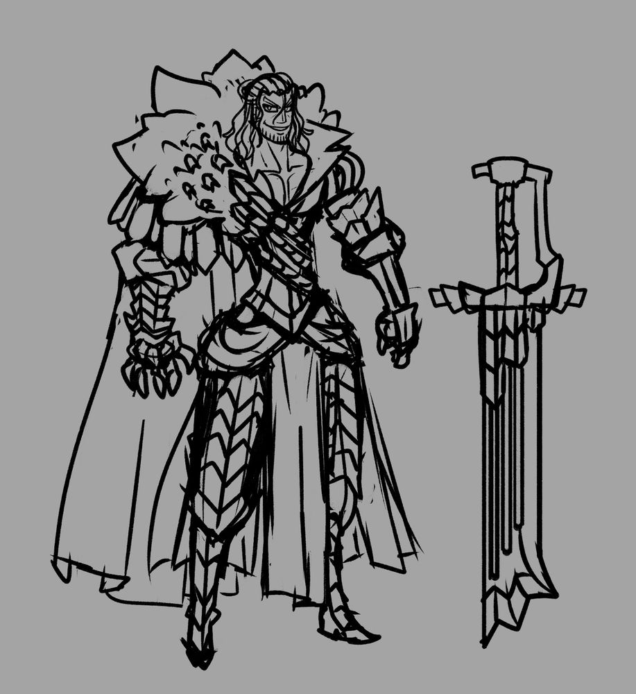 A tall man wearing segmented armor with one clawed gauntlet, and a half-cape with a massive fur collar. His long hair is half up in a sloppy bun

His sword is displayed beside him- a large, broad, Maciejowski-style falchion