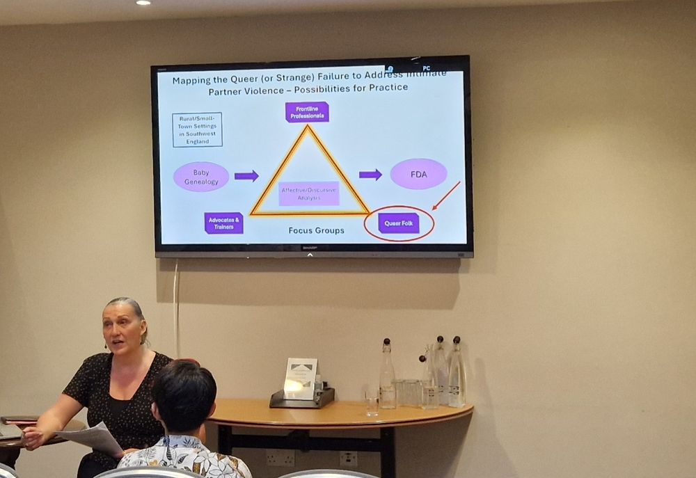 Siouxsie Bytheway presenting on intimate partner violence in queer relationships at #POWES2025 