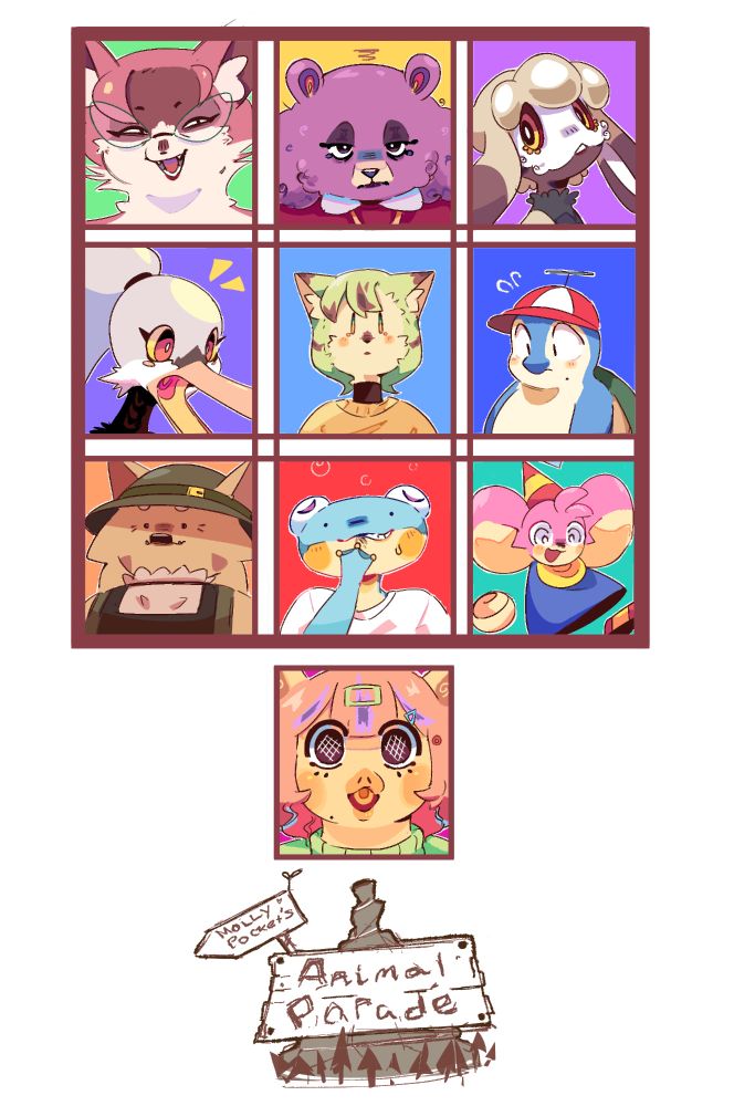 A 3x3 grid of various Animal characters, with one extra square on the bottom and a logo that reads "Molly Pocket's Animal Parade" under it.