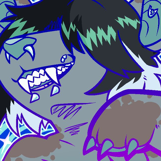 icon of a gray shark dog hybrid with black gray and white shaggy hair covering its face