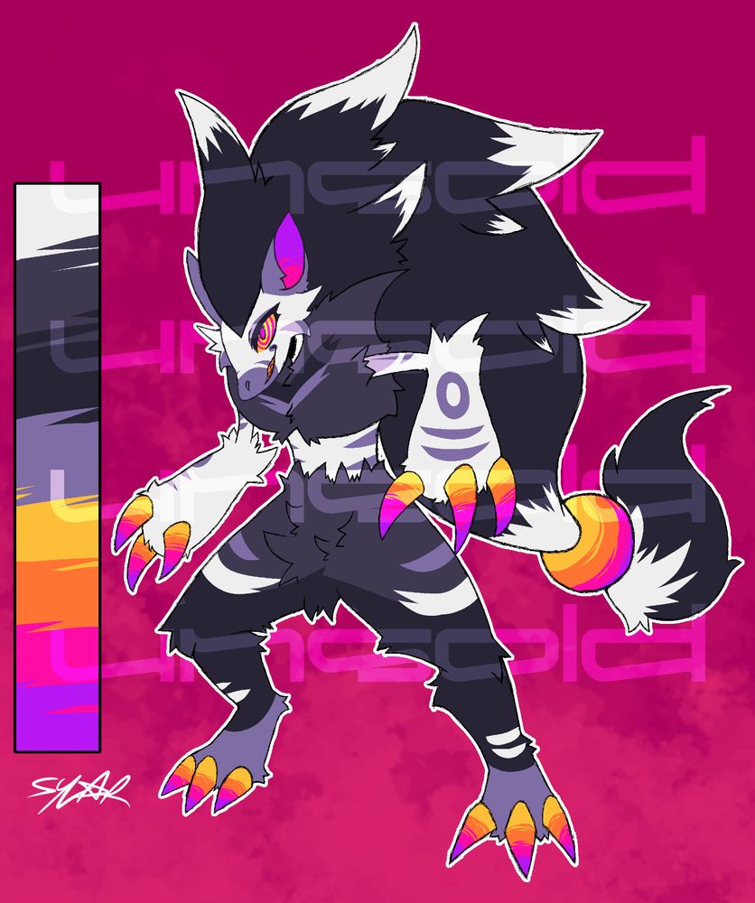 reference sheet of an aardwolf and sunset inspired zoroark design