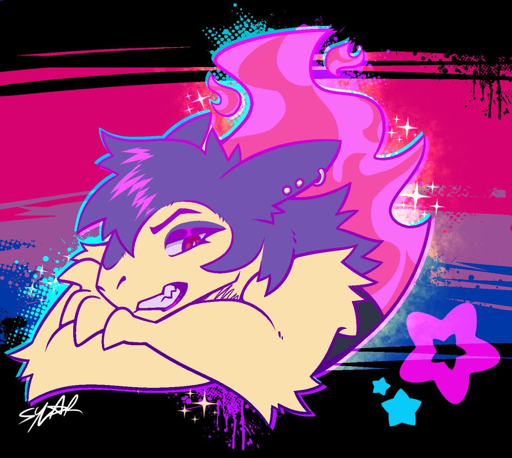art of the pokemon hisuian typhlosion showing only the upper body. the background is a bisexual flag