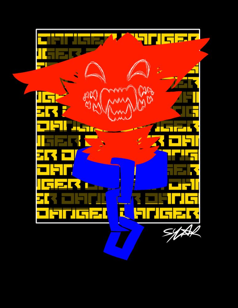 headshot of a red wolf silhouette with sketchy white happy eyes and teeth wearingg a blue collar with three chain links. the background says danger in bright yellow text