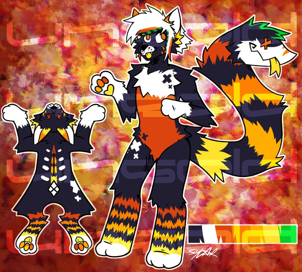 reference sheet for a halloween themed wolf character with a tailmaw