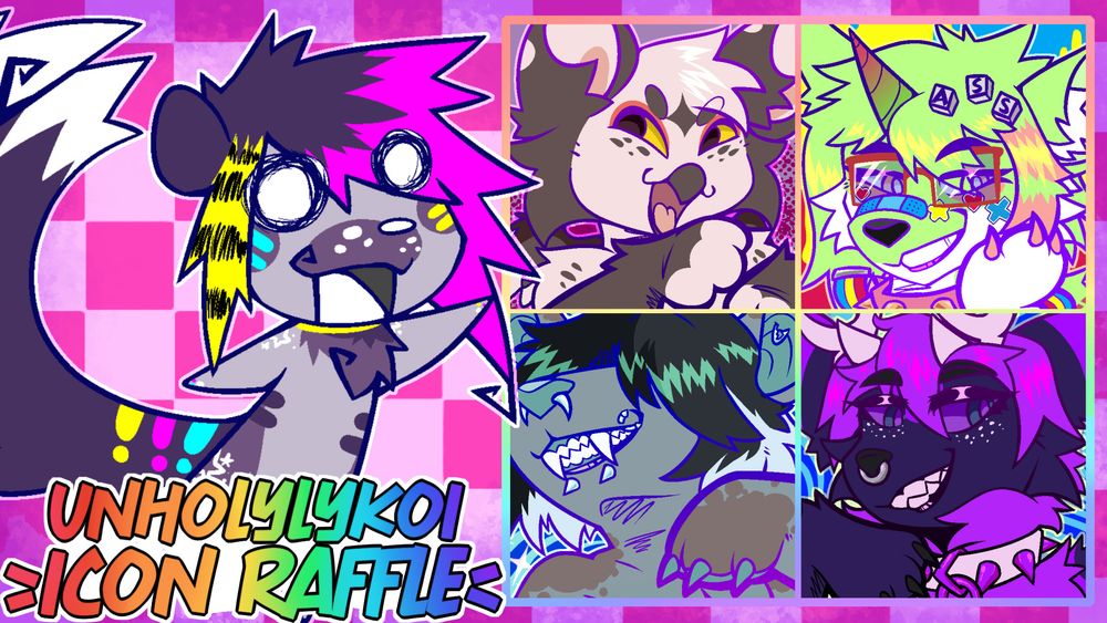 image of a chibi sparklefur mongoose gesturing toward four icons titled unholylykoi icon raffle