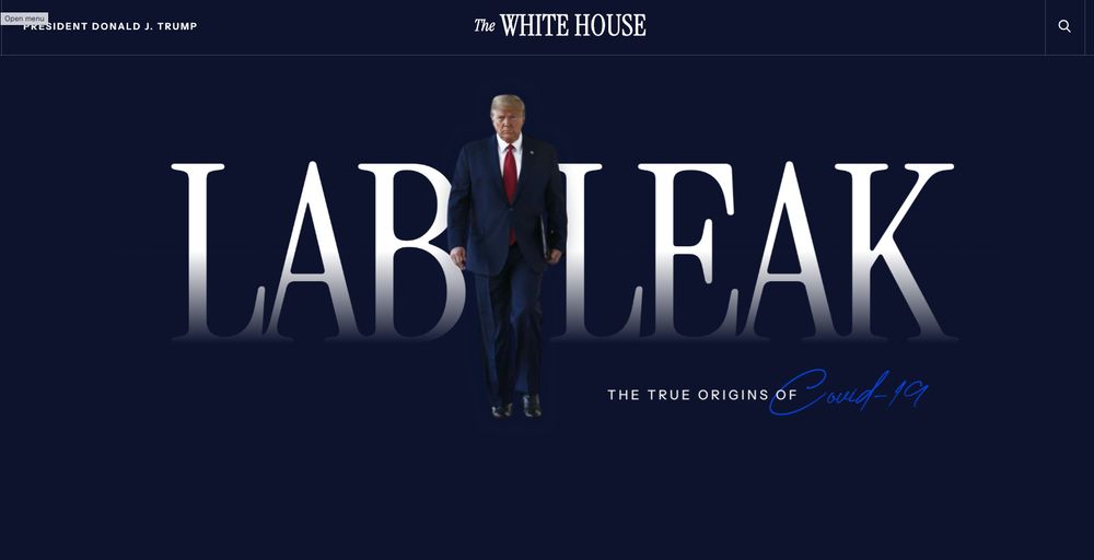 screenshot of a government website with graphic design reminiscent of a mediocre airport novel. Donald Trump walks resolutely in front of the words "Lab Leak" in large white all-caps lettering. The subtitle in small white letters says "the true origin of covid-19" with covid-19 in blue handwriting font. Truly a lot of design choices were made.