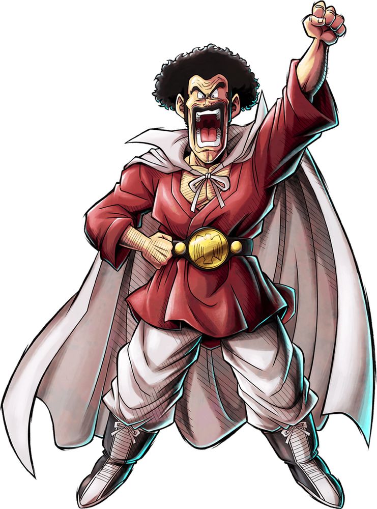 Mr Satan from Dragonball being awesome in his white cape holding his mighty Megaton Fist in triumph