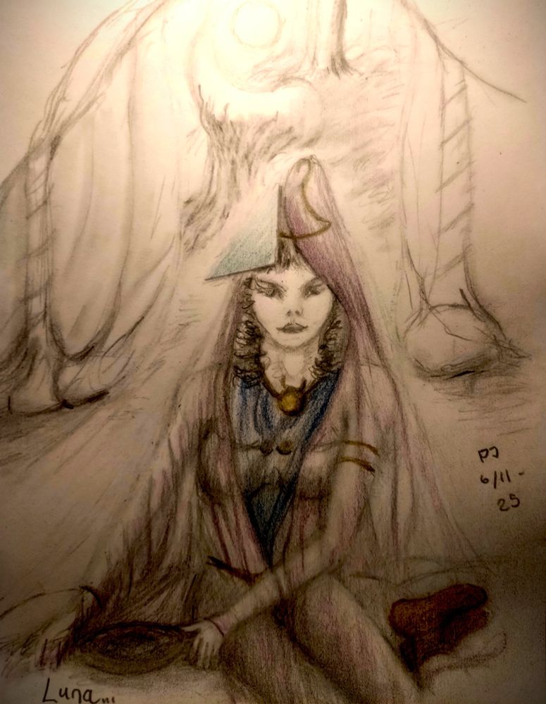 A maid in veils relaxing in a tent by a large horn lit by the moon.