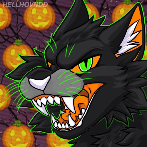 An anthro black cat hisses. Itis colored like the Beistle ‘Scratch Cats’. The background is purple with black trees and pumpkin emojis.