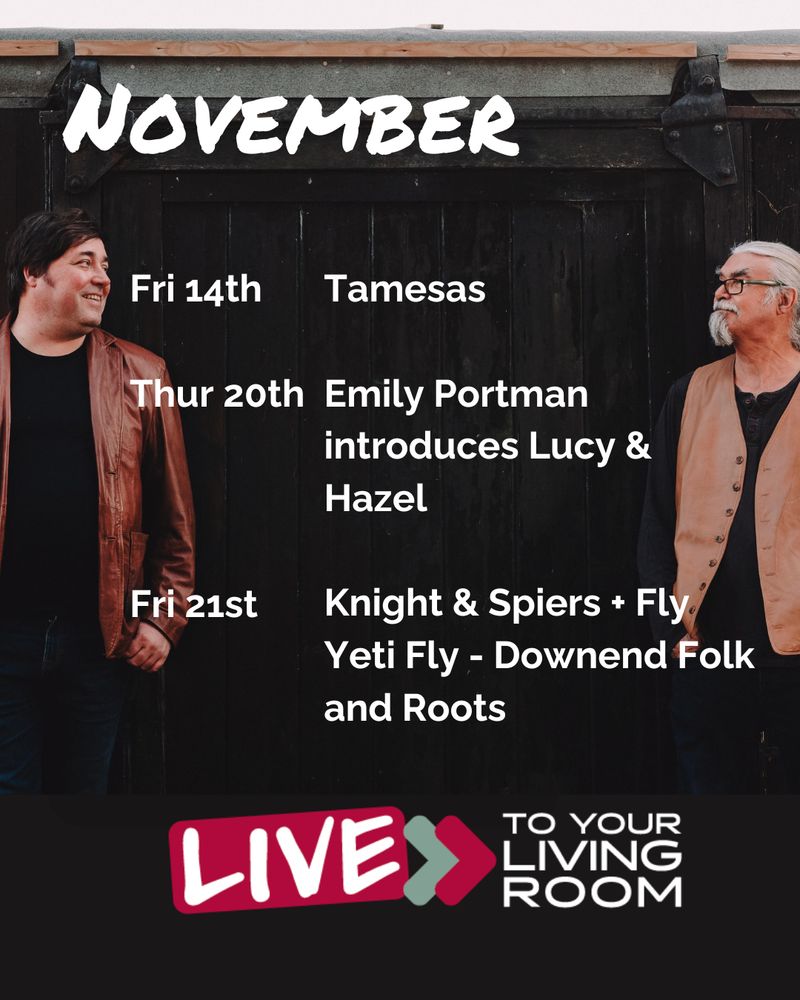 A poster listing the gig dates as detailed in this post, and featuring a photo of Knight & Spiers standing infront of some black doors. On the left, Spiers has short dark hair and wears black trousers and T shirt with a brown leather jacket. On the right, Knight has a silver ponytail with matching goatie and wears black trousers and T shirt with a brown leather gilet. Both smile warmly towards one another.