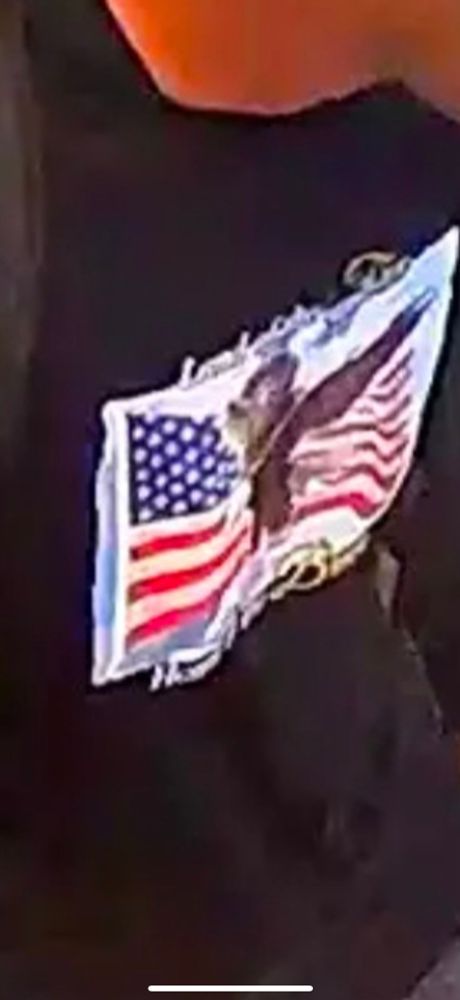 Close up of suspected shooter of Charlie Kirk, wearing a long sleeved black t-shirt with an American flag and eagle on it. Appears to match the one in the Amazon link. 