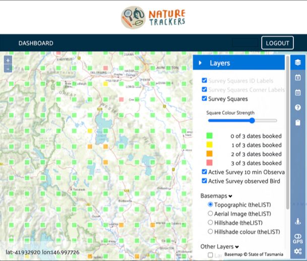 A map of some of the Tasmania-wide 4 km x 4 km survey squares – designed to get an annual snapshot of eagle abundance across the state.